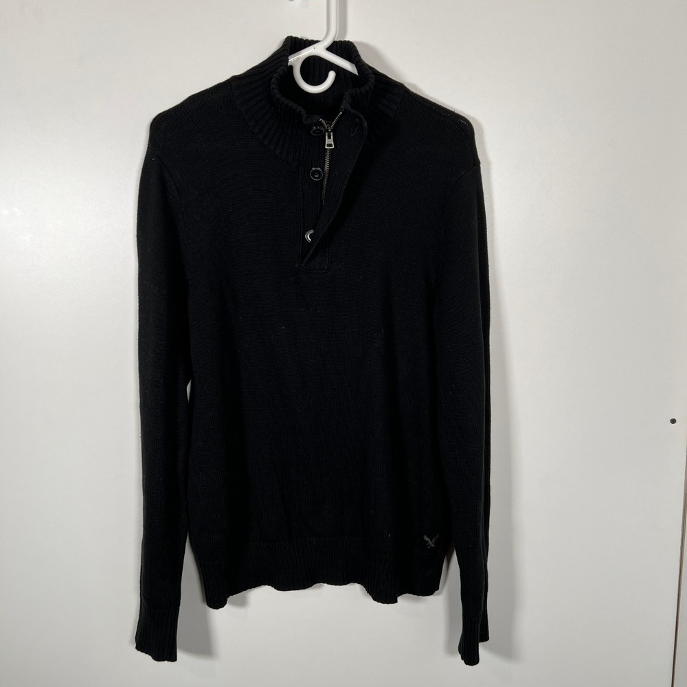 Classic Black Sweater‎ American Eagle Quarter Zip Button Mock Neck Athletic Med